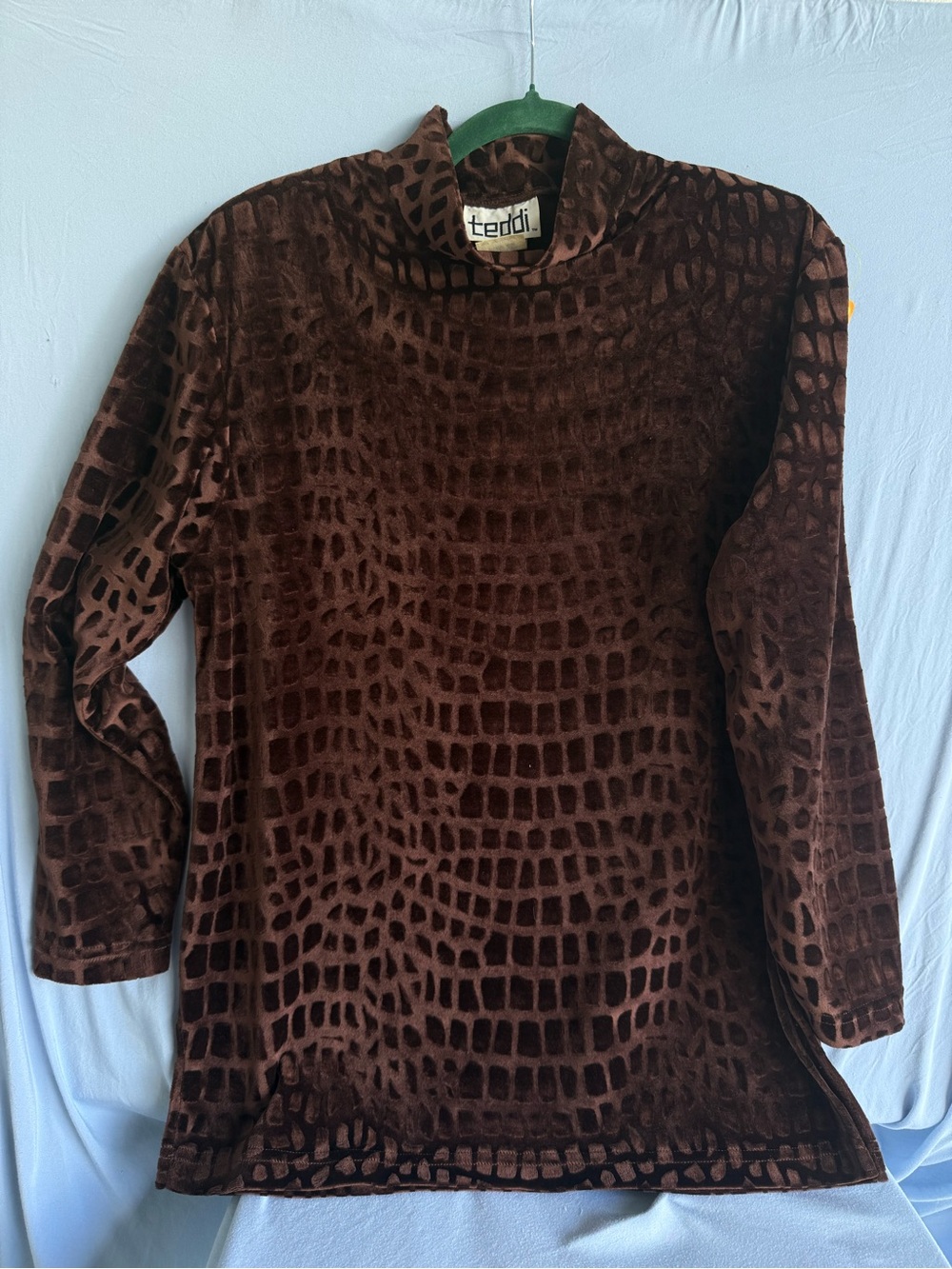 Teddi Brown Velvet Textured Mock Turtleneck Sweater